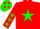 Red body, green star, red arms, green stars, green cap, red stars