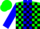 Green, black and blue panel, black blocks on blue sleeves, green cap