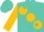 Turquoise, gold 'z', gold ball sash, turquoise dots on gold slvs, turquoise cap