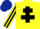 Yellow body, black cross of lorraine, yellow arms, black striped, dark blue cap