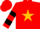 Red, black 'd' on metallic gold star, black hoops on sleeves, red cap
