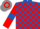 Royal blue and red check, red sleeves, royal blue armlets, grey and red hooped cap