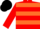 Red body, orange hooped, red arms, orange hooped, black cap