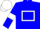 Blue body, white hollow box, blue arms, white armlets, white cap