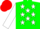 Green, red & white 'se' on red & white stars on red & white sashes, red & white opposing slvs, red cap