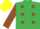 Emerald green, brown spots and sleeves, yellow cap