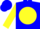 Blue, yellow ball, yellow sleeves, blue cap