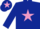 Dark blue body, mauve star, dark blue arms, dark blue cap, mauve star