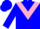 Blue, pink triangular panel, pink and blue sleeves, blue cap
