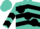Turquoise, black ball sash, black chevrons on slevees
