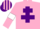 Pink, purple cross of lorraine, pink sleeves, white armlets, pink and purple striped cap