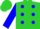 Lime green, slate blue dots, slate blue sleeves, lime cuffs, slate and lime cap