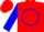 Red, blue circle, blue sleeves, red cap