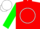 Red, white circle with green 'ro aj', green sleeves, green collar, white cap