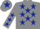 Grey body, dark blue stars, grey arms, dark blue stars, grey cap, dark blue star
