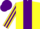 Yellow, purple panel, striped sleeves, purple cap