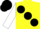 Yellow, large black spots, white sleeves, black cap