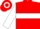 Red, white circled 'lrs', white hoop on sleeves