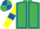 Emerald green, royal blue seams, yellow sleeves, royal blue armlets, quartered cap
