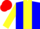 Blue body, yellow stripe, yellow arms, red cap