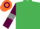 Emerald green, maroon sleeves, grey armlets, orange and maroon hooped cap