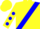 Yellow, blue dot sash, blue dots on sleeves, yellow cap