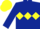 Dark blue body, yellow triple diamond, dark blue arms, yellow cap