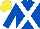 Royal blue, white cross sashes, yellow cap