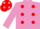 Mauve, red spots, mauve sleeves, red cap, mauve spots
