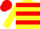 Yellow body, red hooped, yellow arms, red hooped, red cap