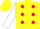 Yellow body, red spots, white arms, yellow cap