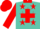 Turquoise, red cross and collar, red stars and cuffs on sleeves, red cap