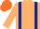 Beige, dark blue braces, dark blue armlet, orange cap