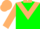 Kelly green, tan triangular panel, tan collar and sleeves, tan cap, green visor and pompon
