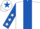 White, royal blue panel, royal blue sleeves, white stars, white cap, royal blue star