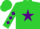 Lime, lime 'mb' inside purple star, purple diamonds on sleeves