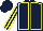 Dark blue, yellow seams, striped sleeves, dark blue cap