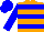 Orange body, blue hooped, blue arms, blue cap