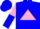 Blue, pink triangle, pink and blue halved sleeves, blue cap