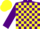Purple & yellow check, yellow cap