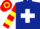 Dark blue, white cross belts, red and yellow hooped sleeves and cap