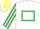 White, emerald green hollow box, emerald green & white striped sleeves, yellow & white striped cap