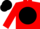 Red, silver 'rce' on black ball, silver band on sleeves, black cap