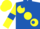 Royal blue, large yellow spots, yellow sleeves, royal blue armlets and spots on yellow cap