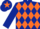 Dark blue and orange diamonds, dark blue sleeves, dark blue cap, orange star