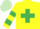 Yellow, emerald green cross belts, yellow and emerald green hooped sleeves, light green cap