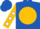 Royal blue, gold ball, blue 'u', gold sleeves, white dots