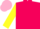 Hot pink, yellow 'p', yellow sleeves, two pink hoops, pink cap