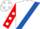 White, royal blue sash, red sleeves, white dots