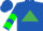 Royal blue, emerald green triangle, green chevrons on sleeves